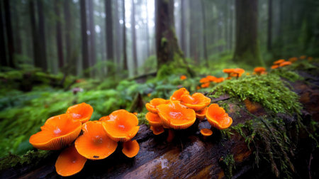 Orange mushrooms clustered near a fallen log in a damp, green forest under filtered lightの素材