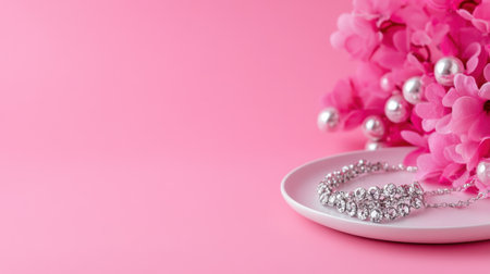 Romantic pink background featuring tray with beautiful silver jewelryの素材