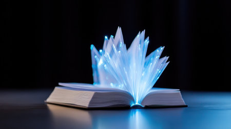 Open book with shimmering lights pouring from its pages in darknessの素材