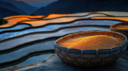 Rice terraces glowing with golden sunrise, woven baskets filled with grains on the edgeの素材