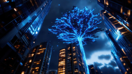 Radiant cyber tree emerging from the city buildings, reflecting technological advancement and AI networksの素材