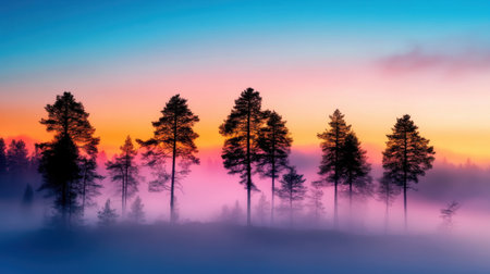 Pine tree silhouettes in a dreamy mist-filled forest landscape at sunriseの素材