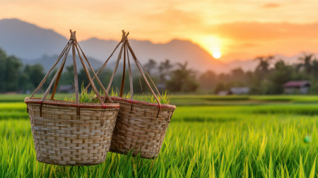 Peaceful sunrise in rural Asia with traditional rice baskets lit by golden hourの素材