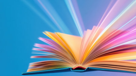 Open enchanted book radiating magical colorful light beamsの素材