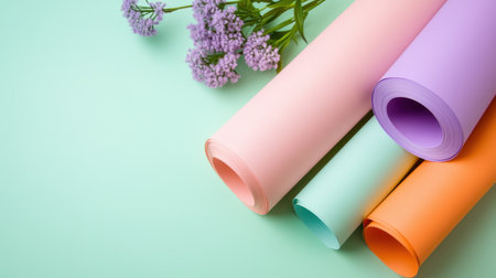 Rolled paper in peach, mint, and lavender pastels, arranged in minimal aestheticの素材