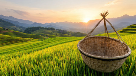 Rice fields bathed in golden light with harvest baskets in foreground, sunrise haze in distanceの素材