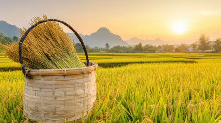 Rice fields bathed in golden light with harvest baskets in foreground, sunrise haze in distanceの素材