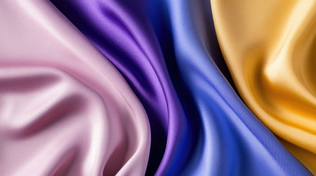 Smooth satin layers in vibrant hues, creating a rich textured background for fashion visualsの素材