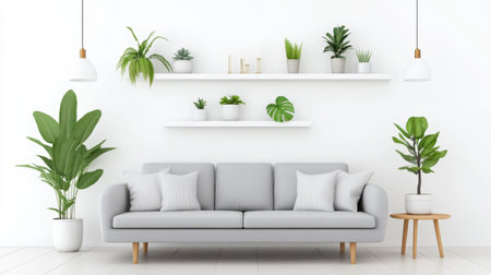 Scandinavian-style living room with grey couches, white shelves, leafy plants, and a serene bright ambianceの素材