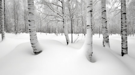 Silent white birch forest under heavy snowfall, crisp white snow blanketing the forest floorの素材
