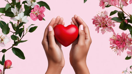 Symbol of love: hands holding red heart against pastel pink backdropの素材
