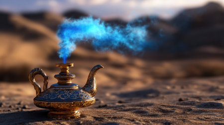 Ancient magic lamp emitting bright blue smoke into cool desert airの素材