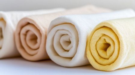 Soft pastel yellow and cream fabrics rolled up in an aesthetic arrangementの素材