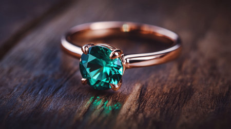 Stunning teal ring glowing softly on a rustic wood table, light enhancing its facetsの素材