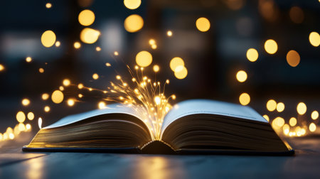 Storybook with fantastical lights and energy pouring into darknessの素材