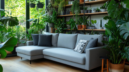 Stylish neutral-toned living space with grey sofas, lush plants, clean shelves, and airy natural lightingの素材