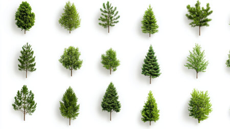 Stylish green tree vector symbols arranged neatly on a white canvas, minimalist aestheticの素材