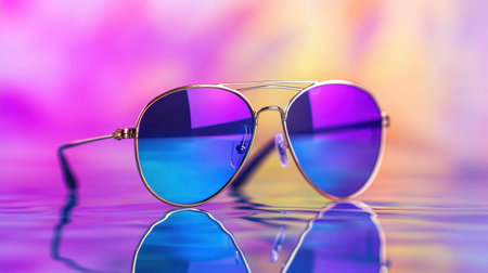 Stylish sunglasses with reflections on colorful backgroundの素材