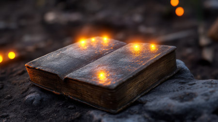 Ancient tome with bright ethereal lights shining from open pagesの素材