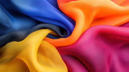 Abstract close-up of colorful fabric folds creating a smooth and artistic wave patternの素材