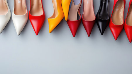 Array of fashionable heels captured beautifully on clean grey surfaceの素材