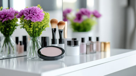 Stylish holder and decorative cosmetics arranged on white chest of drawers at modern homeの素材