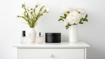 Stylish holder and decorative cosmetics arranged on white chest of drawers at modern homeの素材