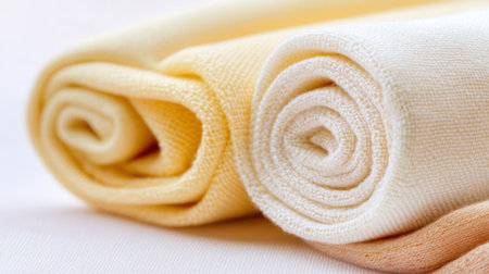 Soft pastel yellow and cream fabrics rolled up in an aesthetic arrangementの素材