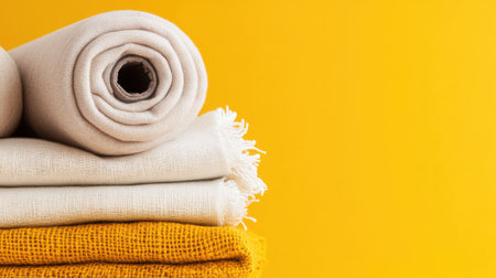 Stacked textile rolls in warm cream and yellow for aesthetic background useの素材