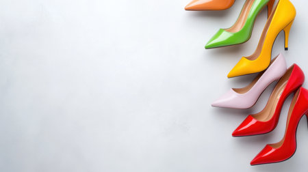 Array of fashionable heels captured beautifully on clean grey surfaceの素材