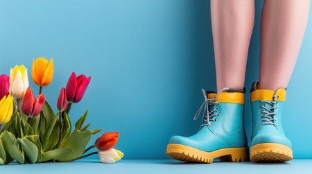 Spring-inspired scene with legs in gumboots and tulips on a sky-blue backgroundの素材
