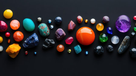 Top view of mixed colorful gemstones artistically arranged for elegant product shotsの素材
