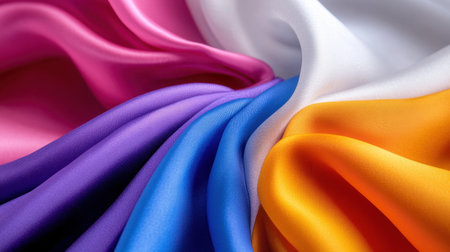 Abstract close-up of colorful fabric folds creating a smooth and artistic wave patternの素材