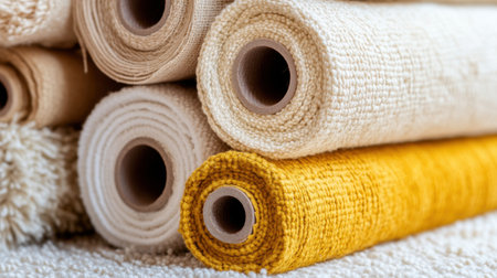 Stacked textile rolls in warm cream and yellow for aesthetic background useの素材