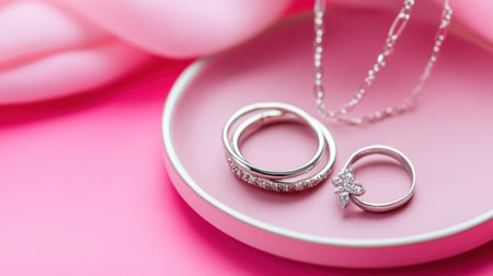 Tray with delicate silver necklaces and rings on charming pink backgroundの素材