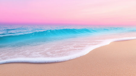 Tranquil beach sunset with pastel pink and blue hues, calm waves rolling onto soft sandの素材