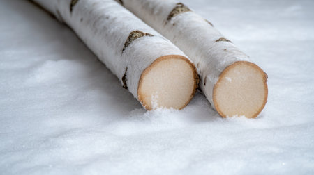 White trunks of birch trees rising from a snowy landscape with a pale winter skyの素材