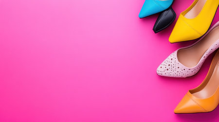 Trendy women's footwear beautifully arranged against bold pink backgroundの素材