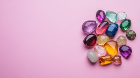 Top view of mixed colorful gemstones artistically arranged for elegant product shotsの素材
