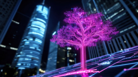 Vibrant neon tree growing among skyscrapers, representing technology evolution and smart citiesの素材