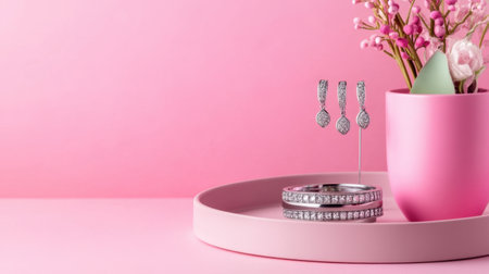 Tray showcasing stunning silver earrings and bracelets on pastel pink backgroundの素材
