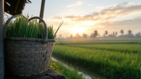 Sunrise over misty rice paddies with golden hour glow on baskets and green fieldsの素材