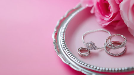 Tray with delicate silver necklaces and rings on charming pink backgroundの素材