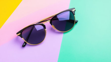 Trendy eyewear placed elegantly on dynamic colorful backgroundの素材