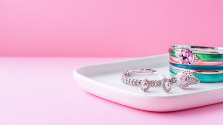 Tray showcasing stunning silver earrings and bracelets on pastel pink backgroundの素材