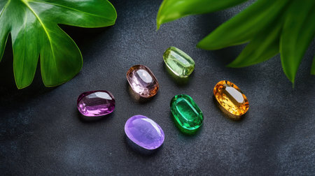 Top view of mixed colorful gemstones artistically arranged for elegant product shotsの素材