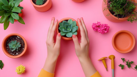 Top view of woman hands, flowerpots, and gardening equipment on soft colorの素材