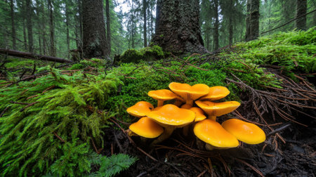 Vibrant forest fungi glowing in the underbrush, surrounded by moss, roots, and shadowy treesの素材