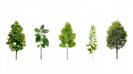 Timeline of tree growth, from little sapling to towering leafy giant, in clear, simple illustrationの素材