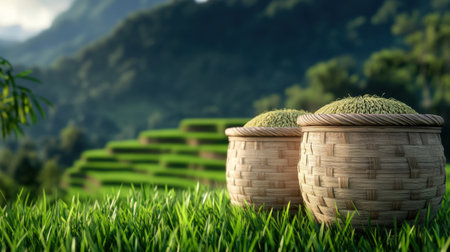 Warm morning light illuminating rice-filled baskets and rolling green terracesの素材
